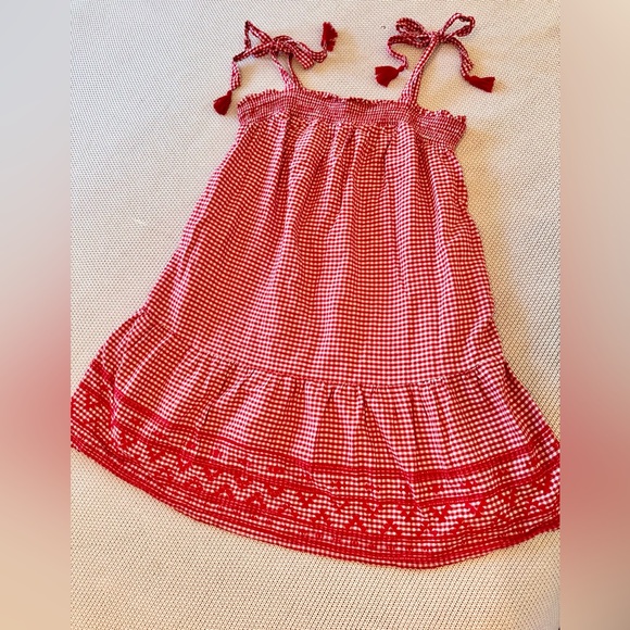 OLD NAVY Smocked Embroidered Tiered Red White Gingham Plaid Mini Dress w Pockets - Picture 5 of 14